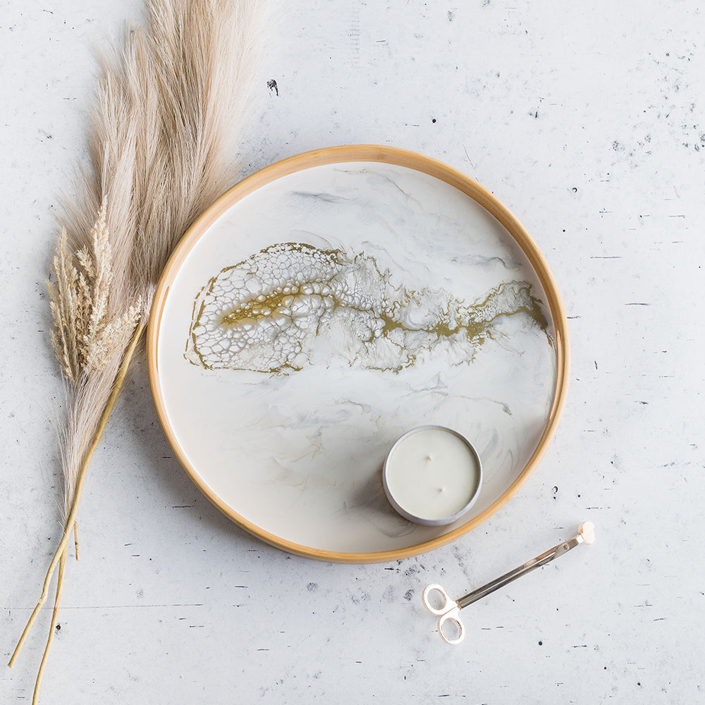 bamboo round tray accented with resin