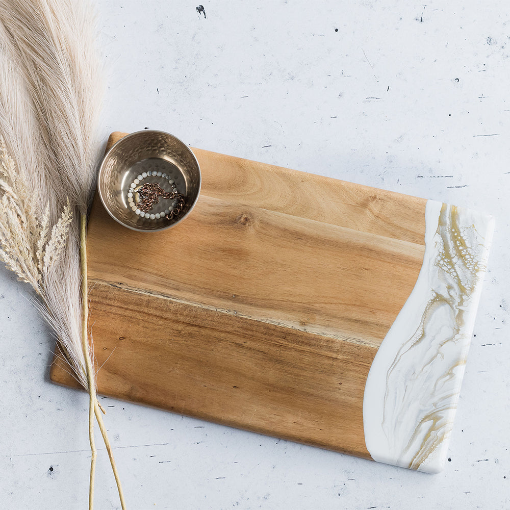 acacia bread board accented with resin