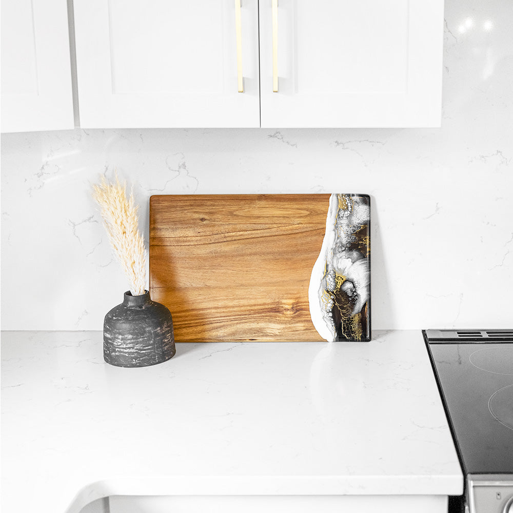 acacia bread board accented with resin