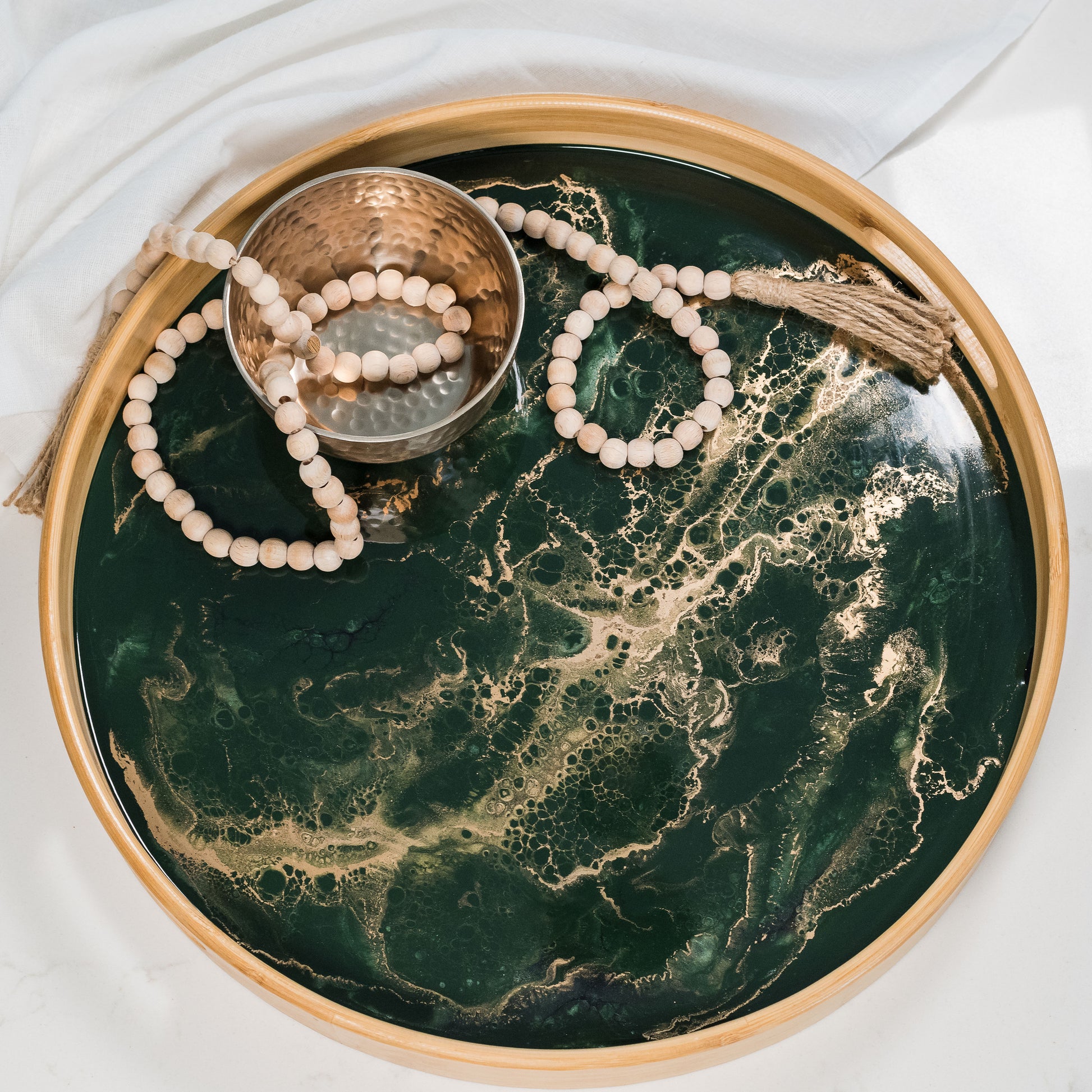 bamboo round tray accented with resin
