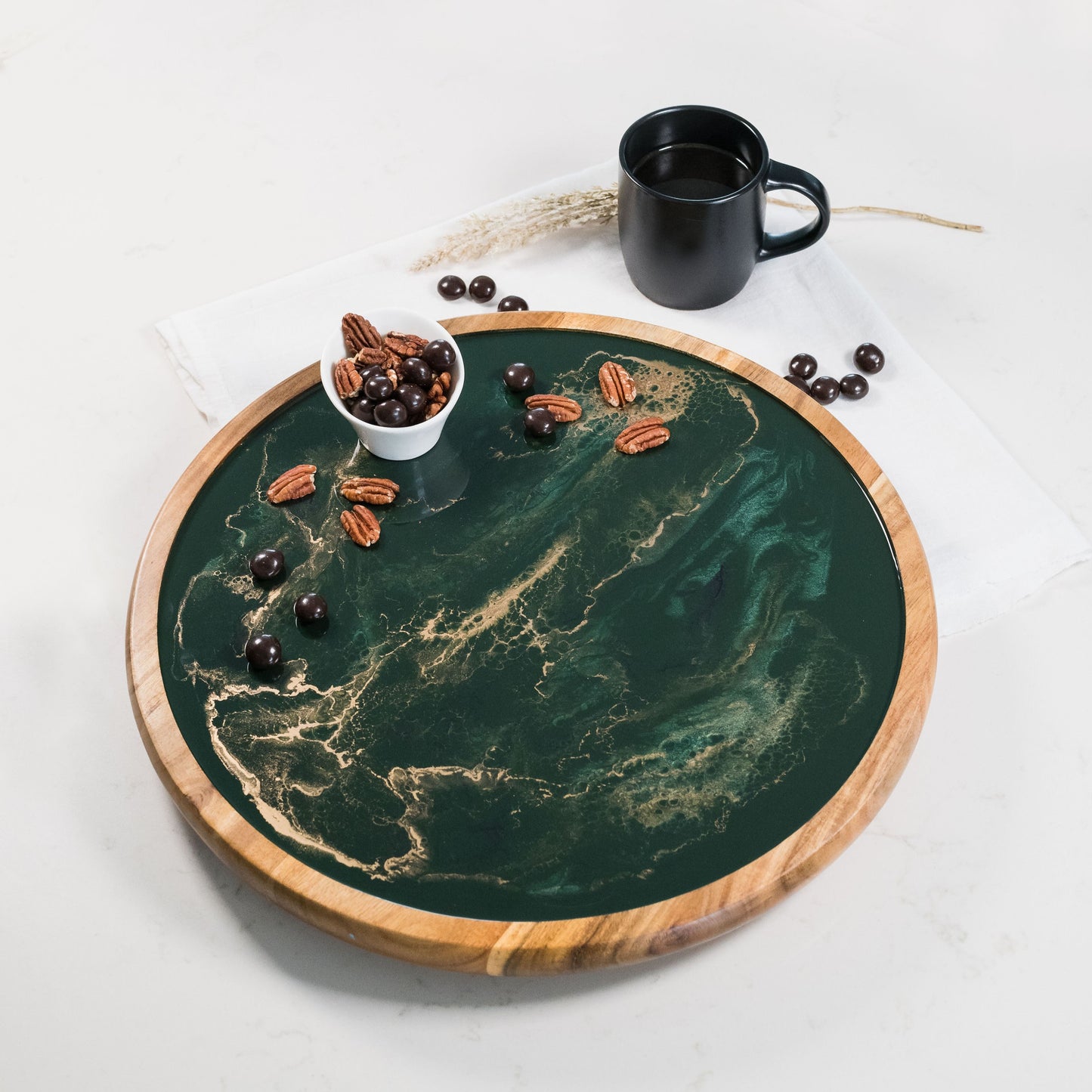 acacia lazy susan accented with resin