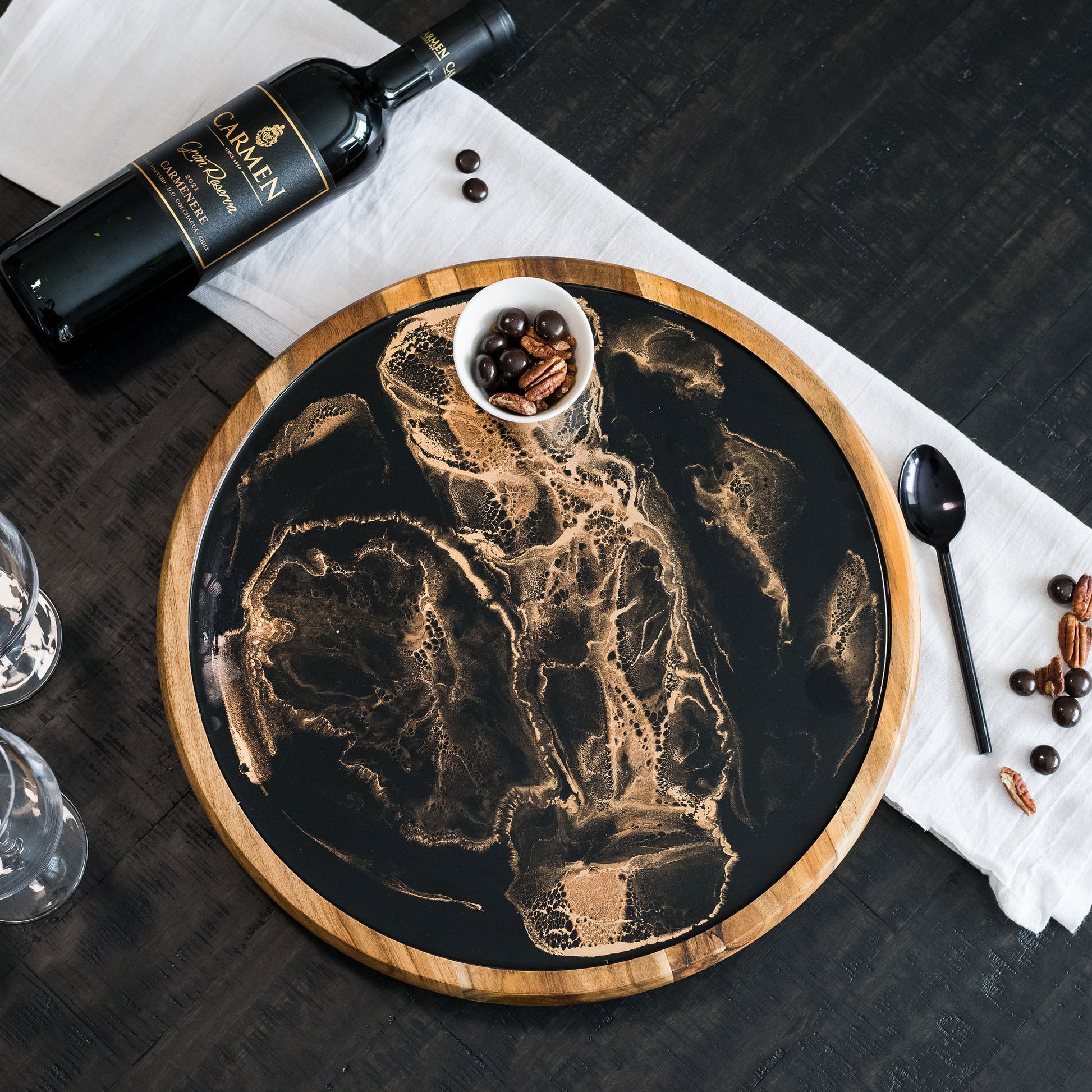 acacia lazy susan accented with resin