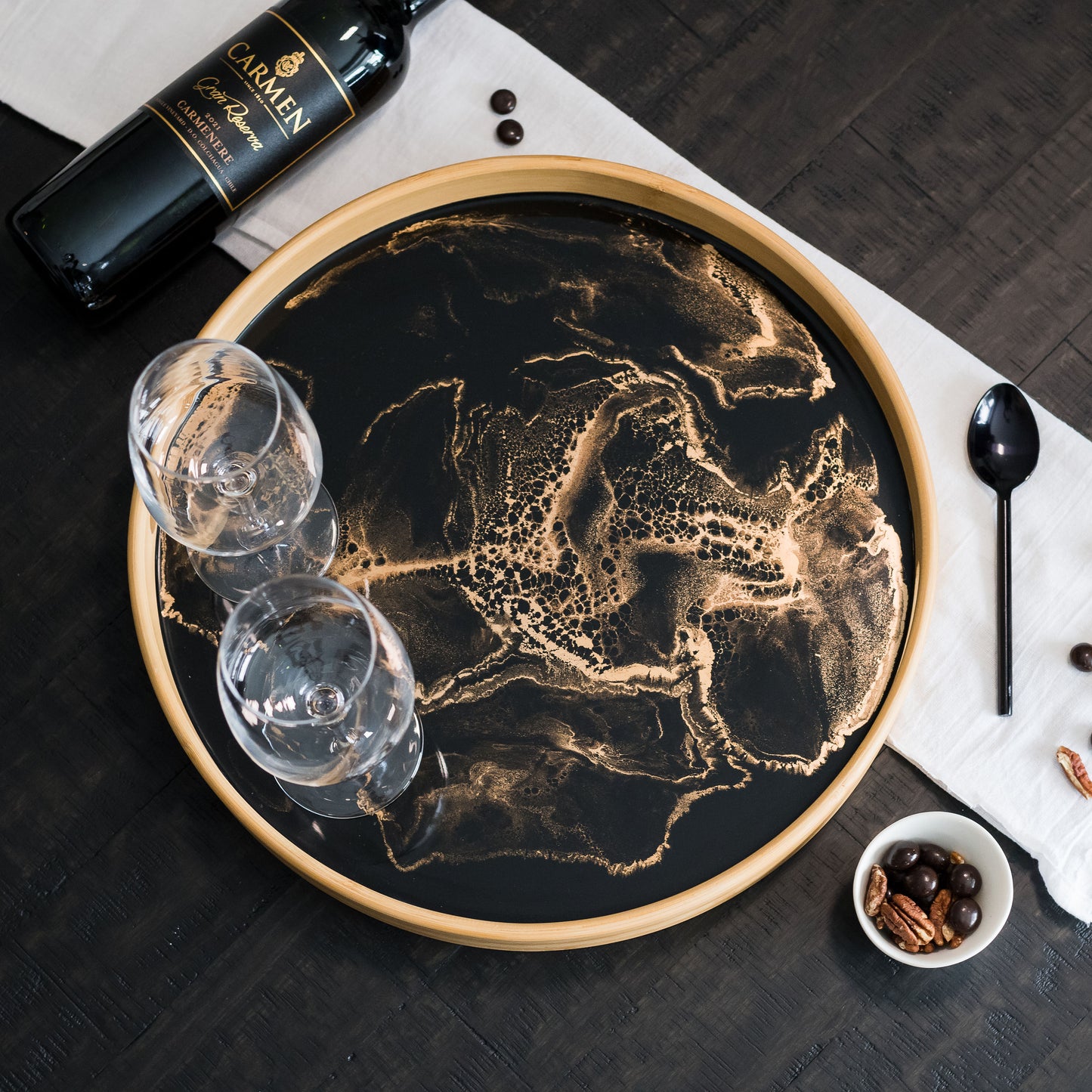 bamboo round tray accented with resin