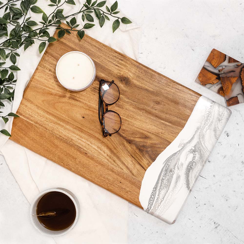 acacia bread board accented with resin