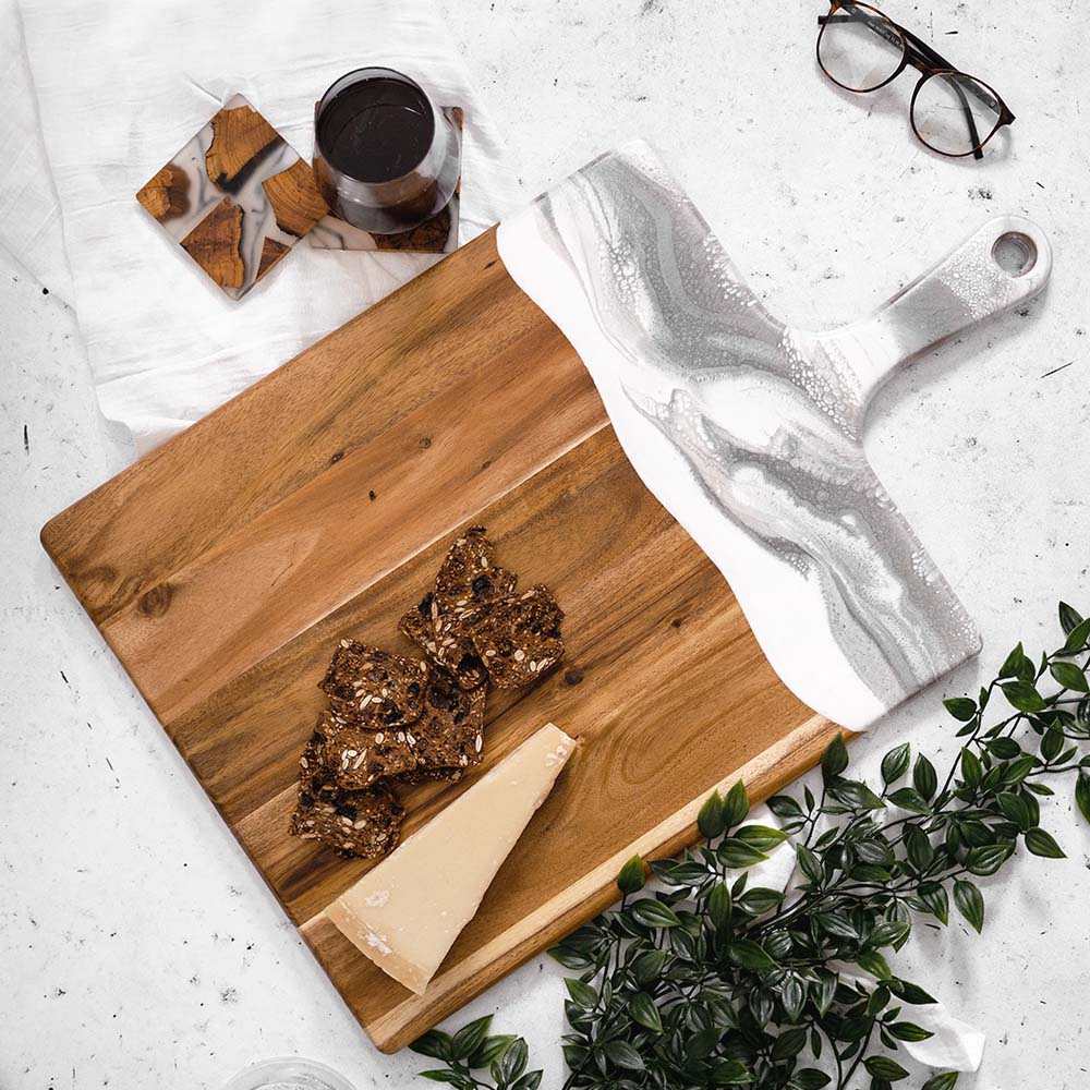 xl acacia cheese board accented with resin