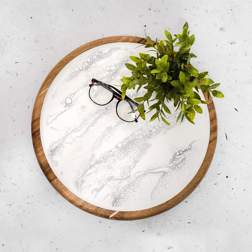 acacia lazy susan accented with resin