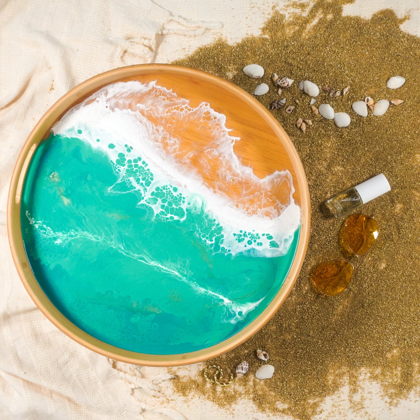 bamboo round tray accented with resin