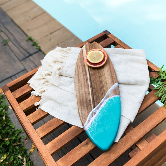 Resin-Accented Surfboard Shaped Charcuterie Boards