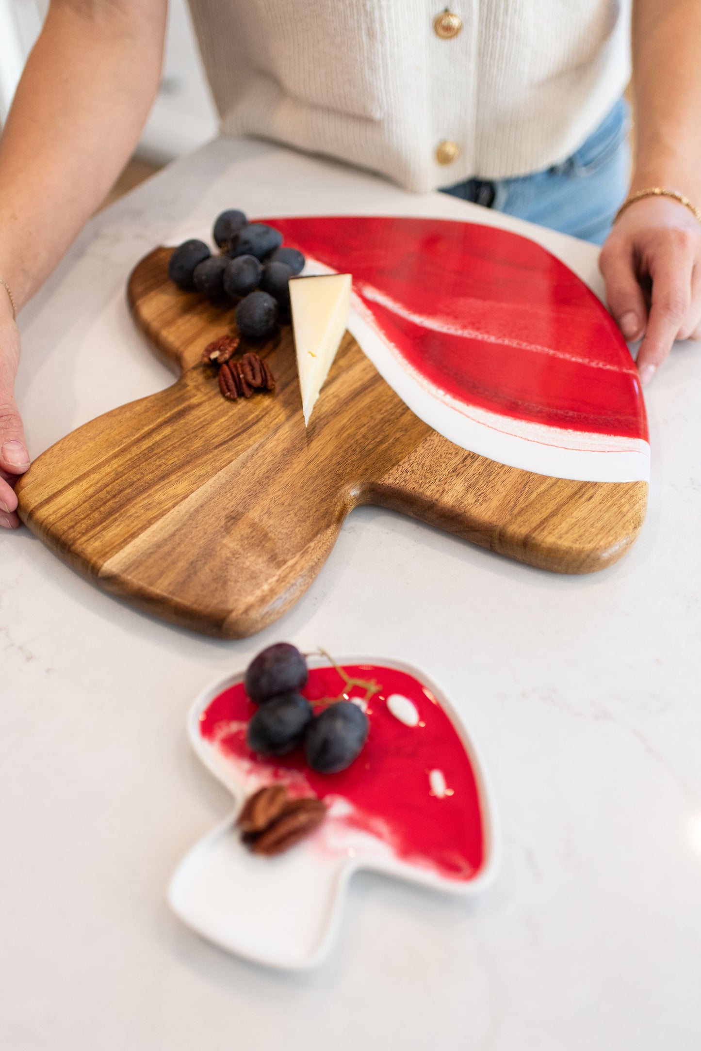 NEW!!! Mushroom Shaped Acacia Cheese Board and Ceramic Tray