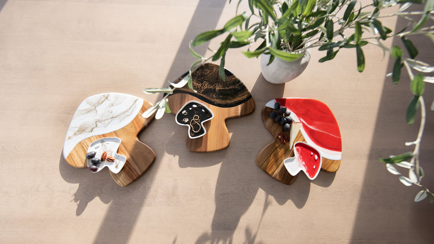 NEW!!! Mushroom Shaped Acacia Cheese Board and Ceramic Tray