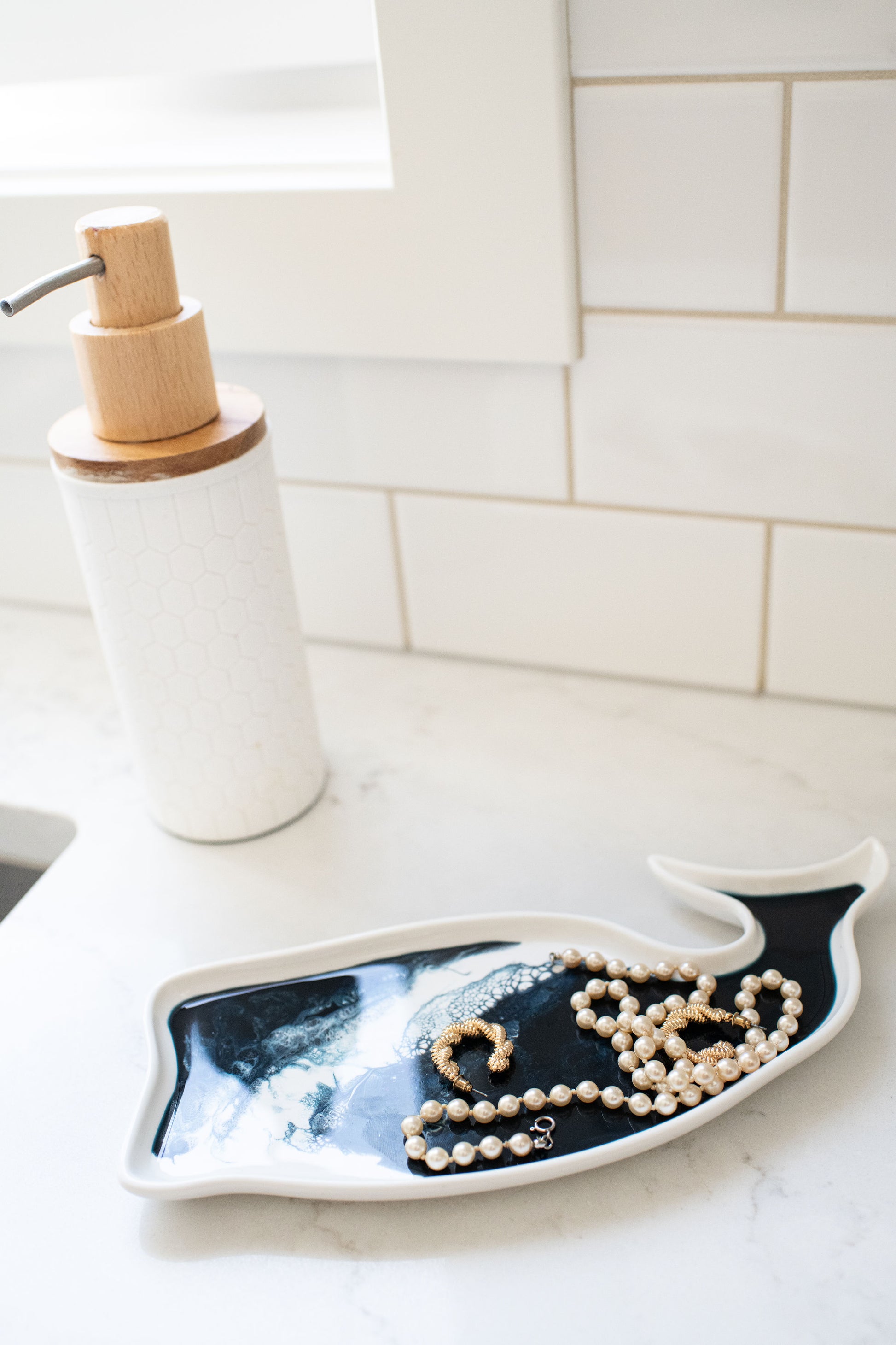 navy white whale tray on the kitchen counter 