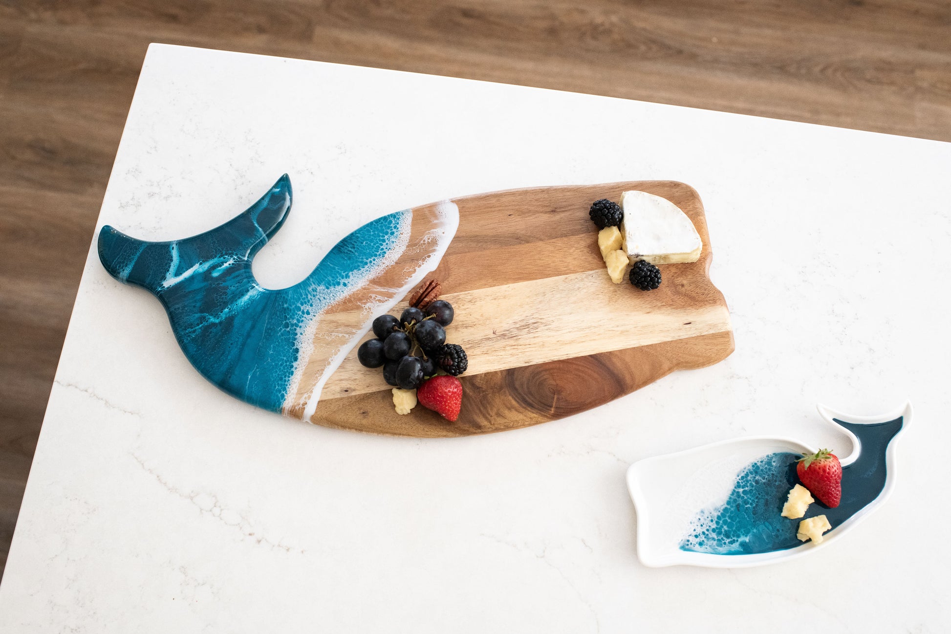 ocean vibes whale shaped board and matching whale ceramic tray 