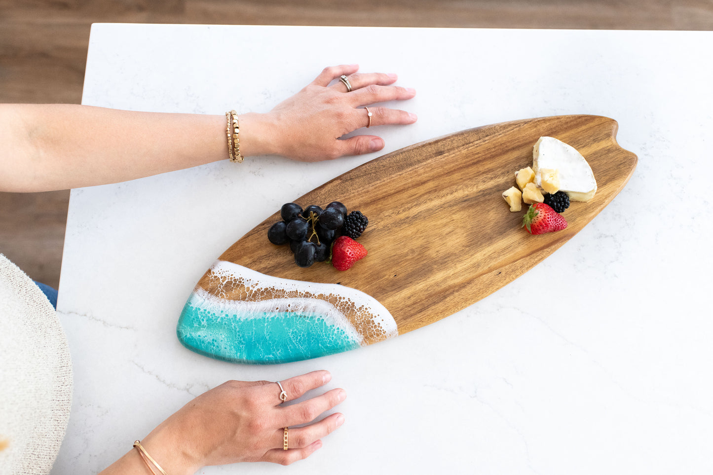Resin-Accented Surfboard Shaped Charcuterie Boards