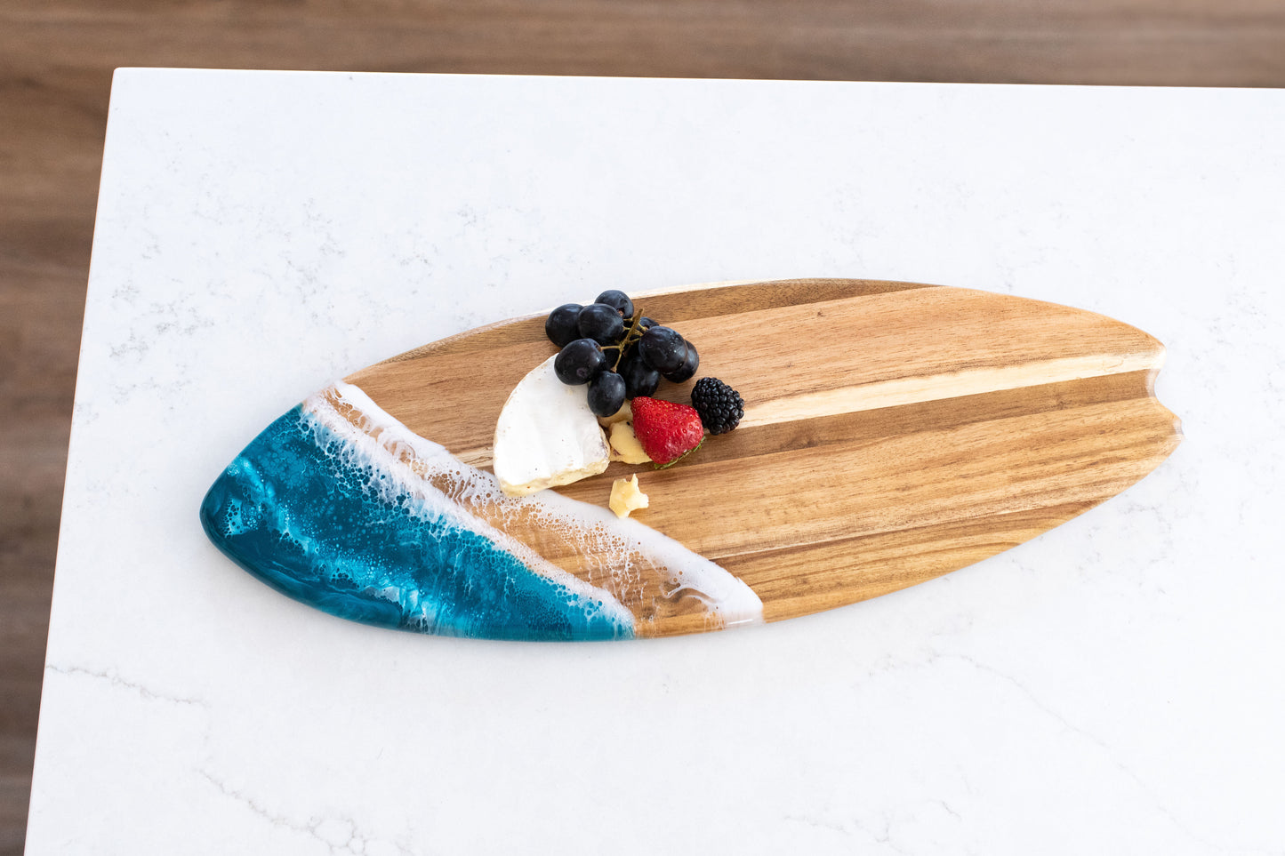 Resin-Accented Surfboard Shaped Charcuterie Boards