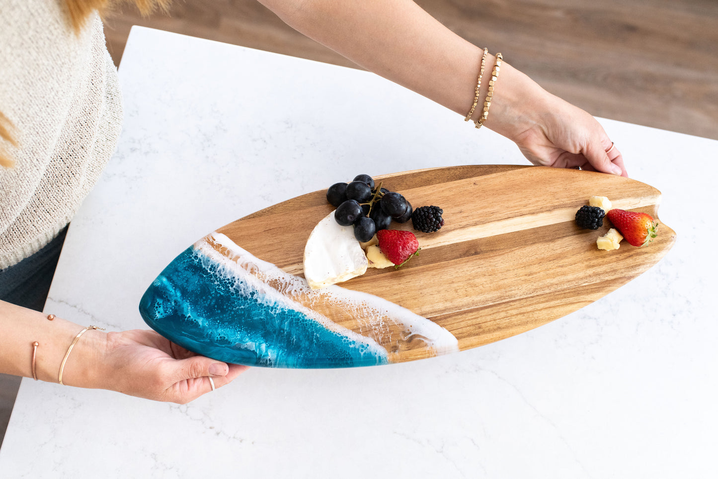 Resin-Accented Surfboard Shaped Charcuterie Boards