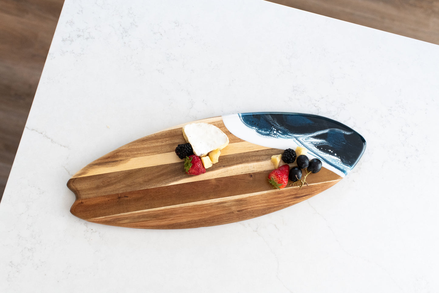 Resin-Accented Surfboard Shaped Charcuterie Boards