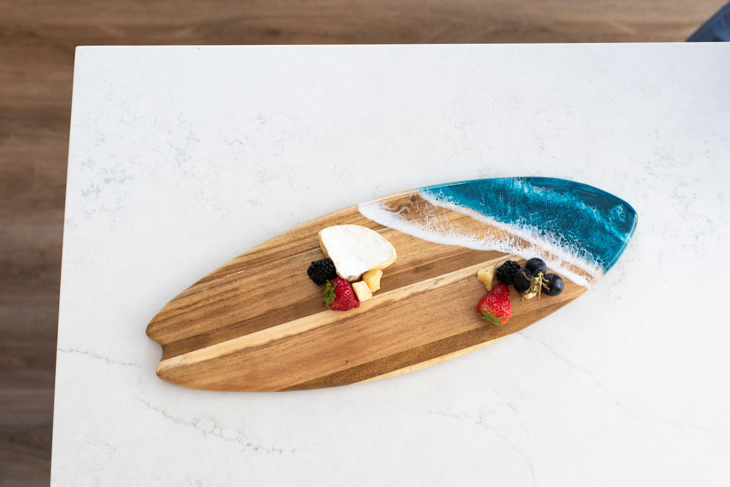 Resin-Accented Surfboard Shaped Charcuterie Boards