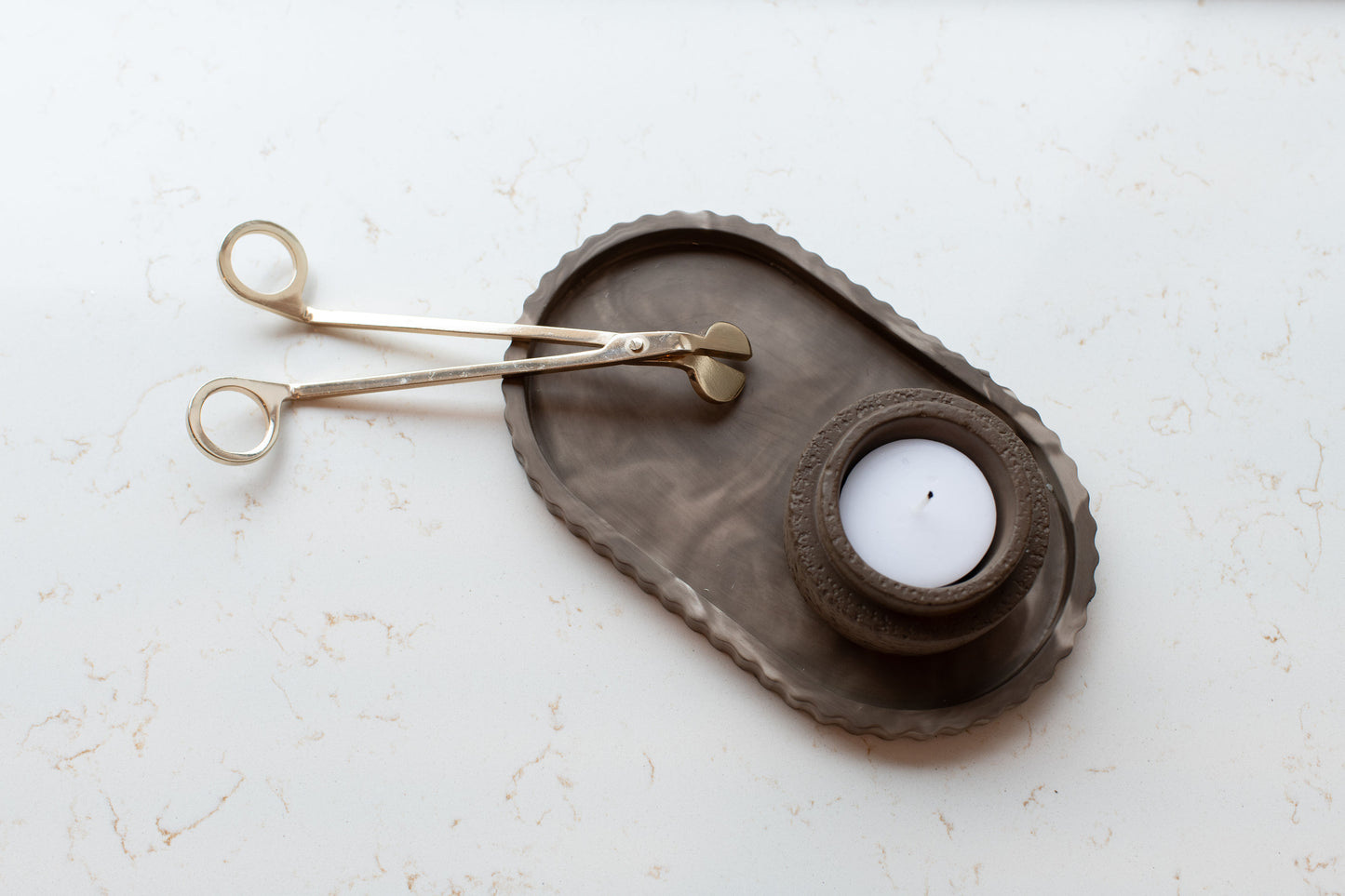 Mocha stone oval tray with matching mocha candle holder