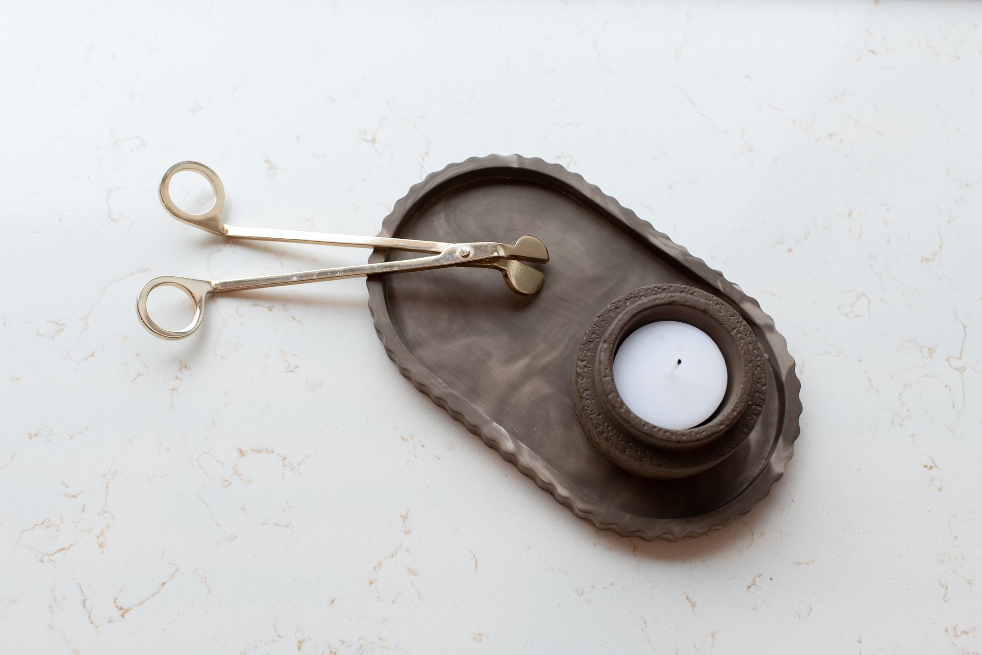 Mocha stone oval tray with matching mocha candle holder