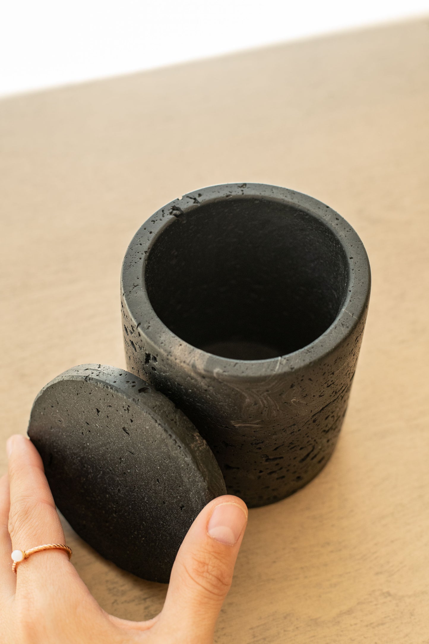 Travertine and Lava Rock Jar with Lid