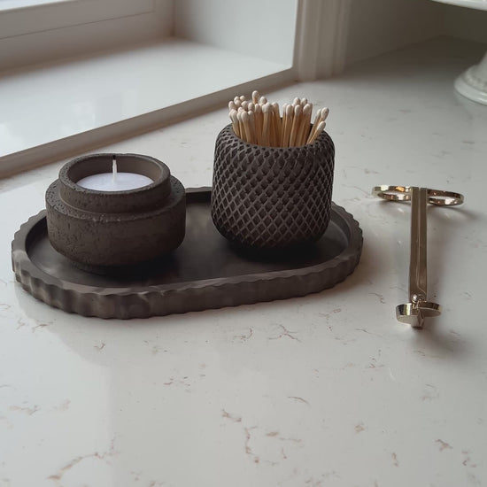 video Set of Three mocha stoneware collection, oval tray with the candle & match holder on it 