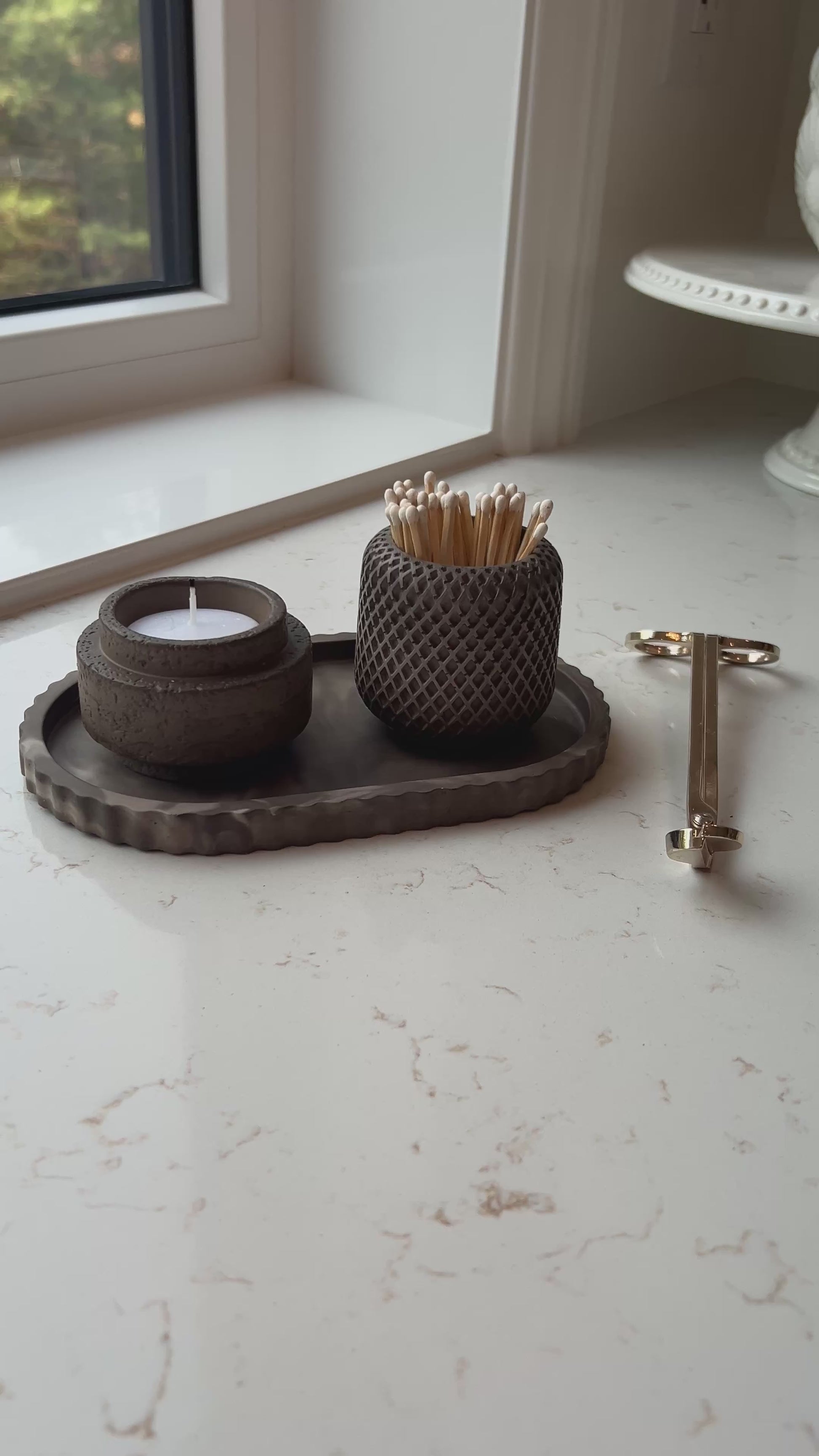 video Set of Three mocha stoneware collection, oval tray with the candle & match holder on it 