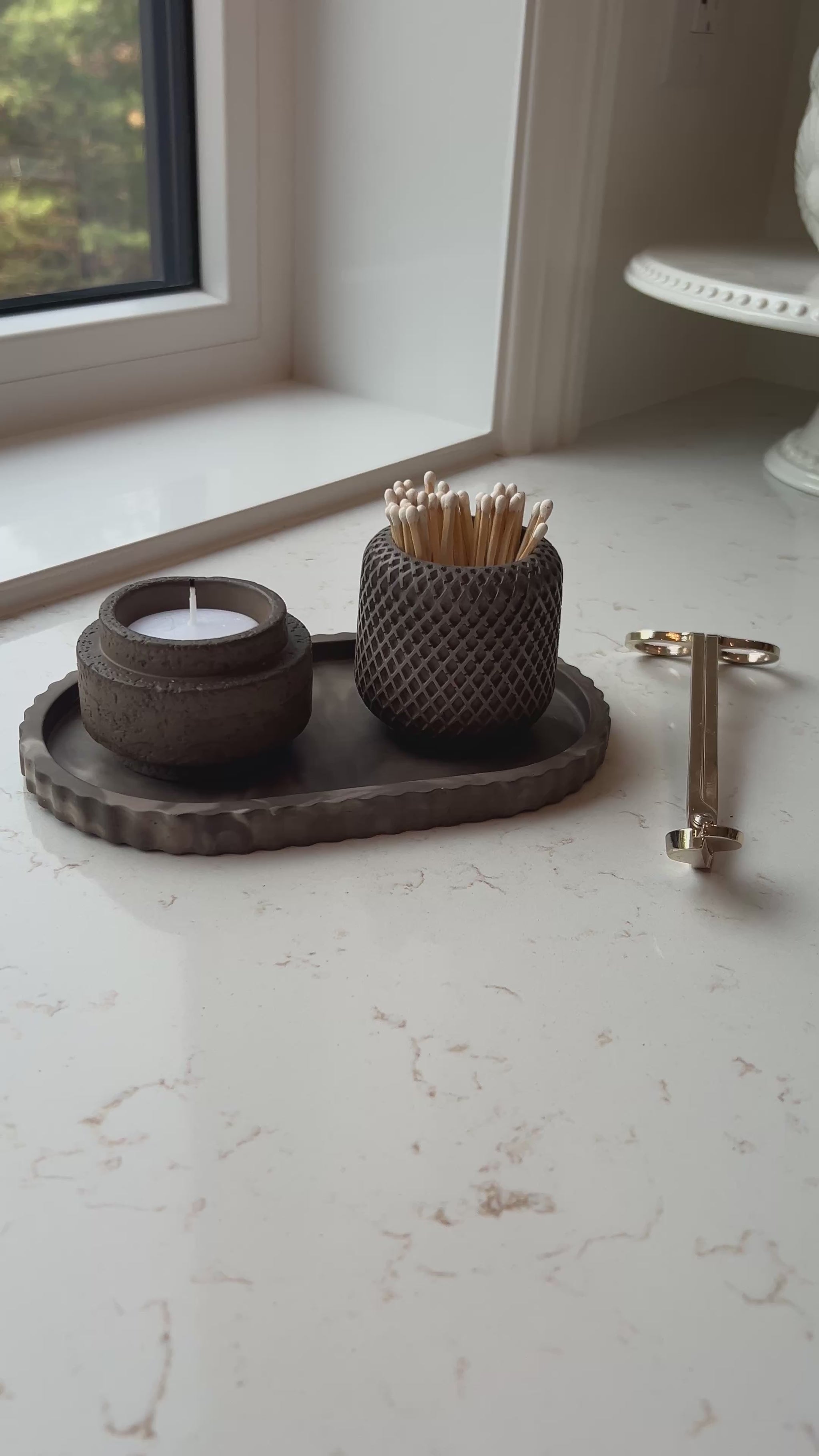 video Set of Three mocha stoneware collection, oval tray with the candle & match holder on it 