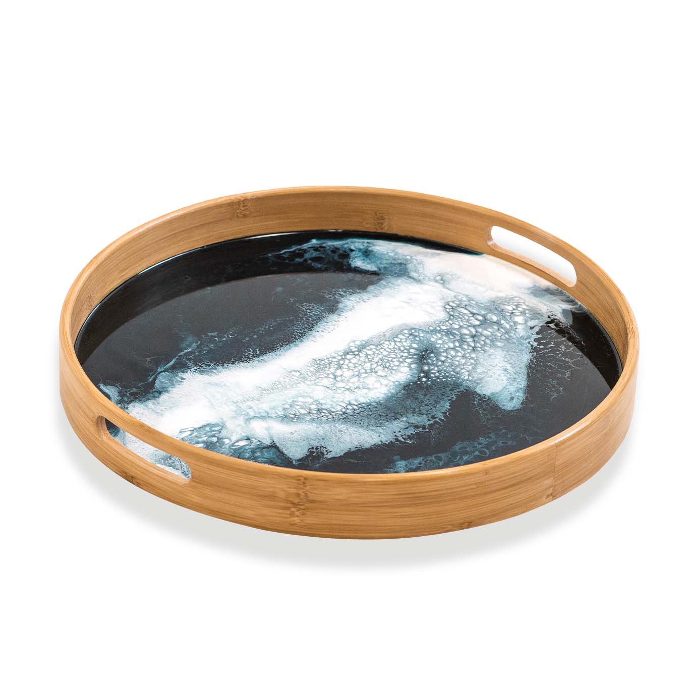 Bamboo Round Serving Trays with Navy Blue, and white Epoxy resin base