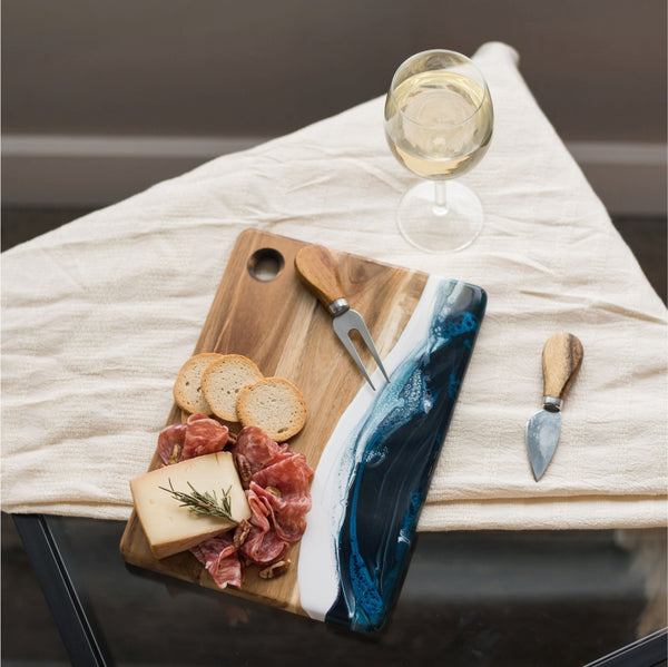 LYNN & LIANA Medium Acacia Cheeseboard Caribbean Blue, 16-inch Length,  8-inch Width, Serveware, Kitchen