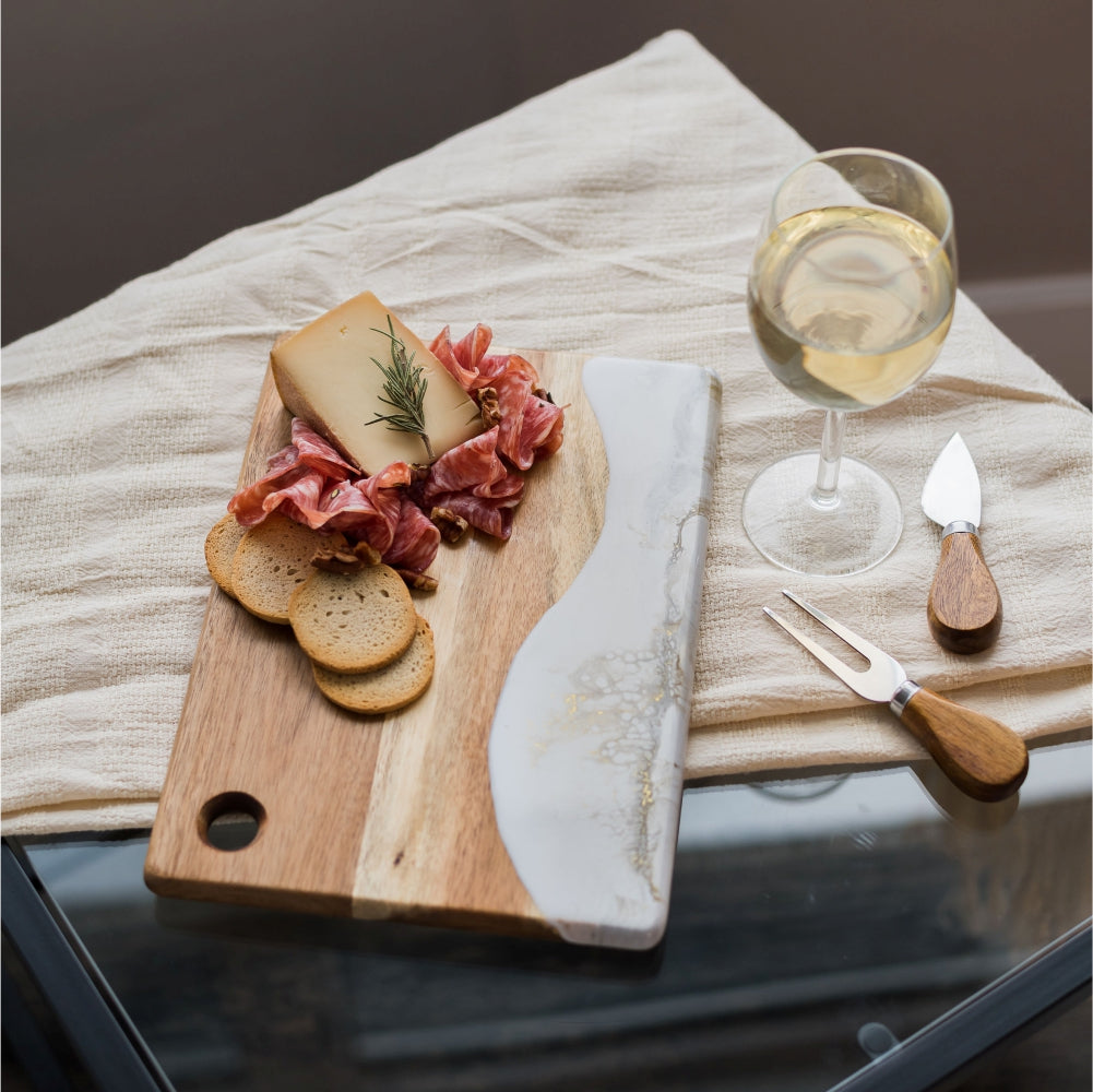 Small cheese boards, hand-made from high-quality Acacia hardwood, eco-friendly resin, a one-of-a-kind piece of serveware for your home. perfect for a single serving or to share with special someone! Gold Quartz