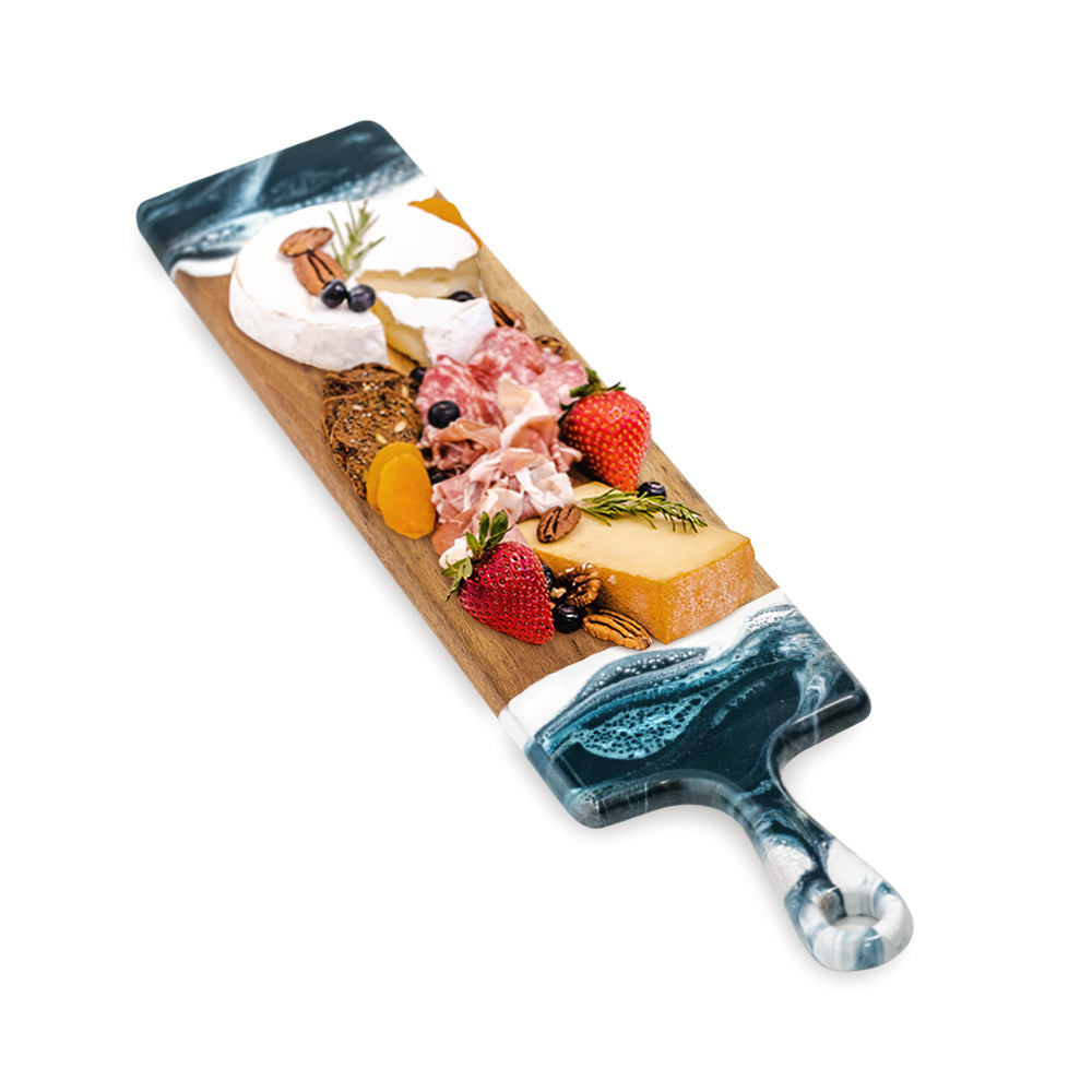Baguette Acacia Board with Navy Blue and white epoxy resin and charcuterie