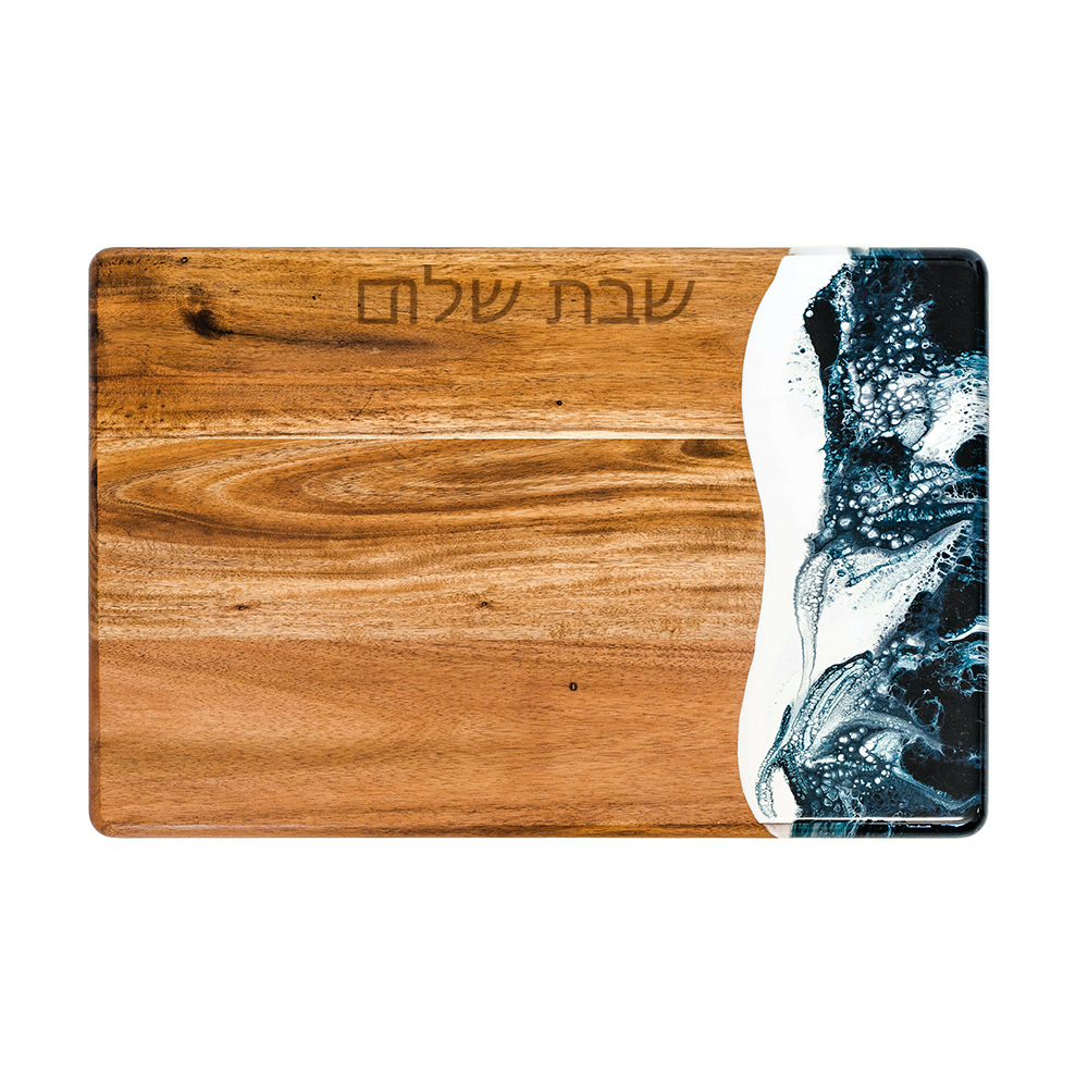Acacia Challah cheese board with navy blue and white epoxy resin accent