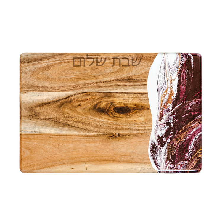 Acacia Challah cheese board with Raspberry, white, and gold epoxy resin accent