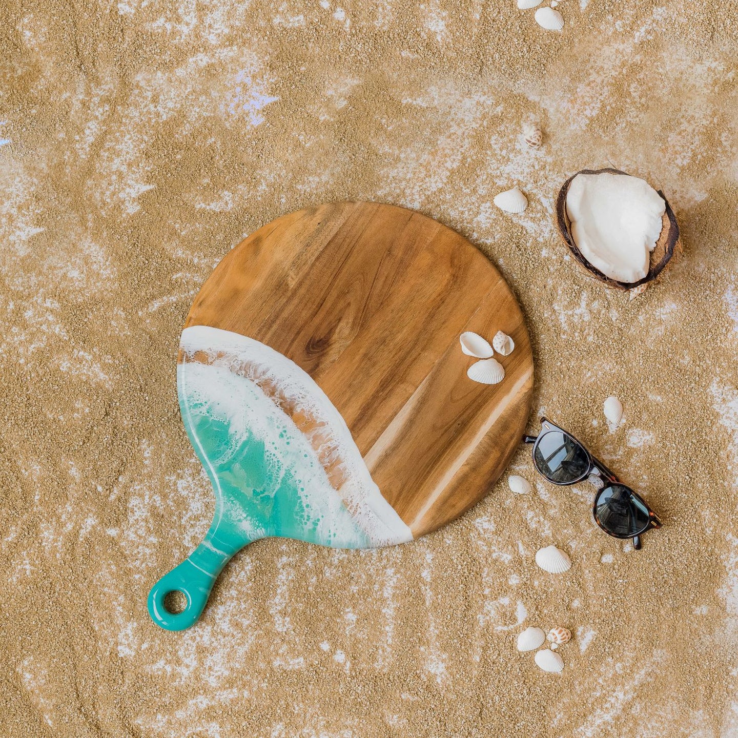 acacia round paddle board accented with resin