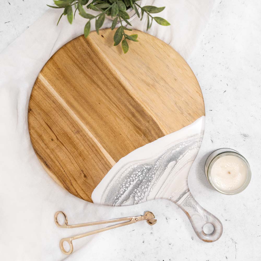 Round Cheese Paddle. Acacia wood charcuterie board with marble epoxy handle