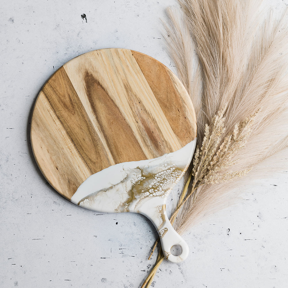 Round Cheese Paddle. Acacia wood charcuterie board with gold quartz epoxy handle