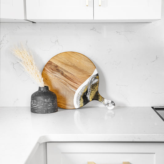 Round Cheese Paddle. Acacia wood charcuterie board with onyx epoxy handle